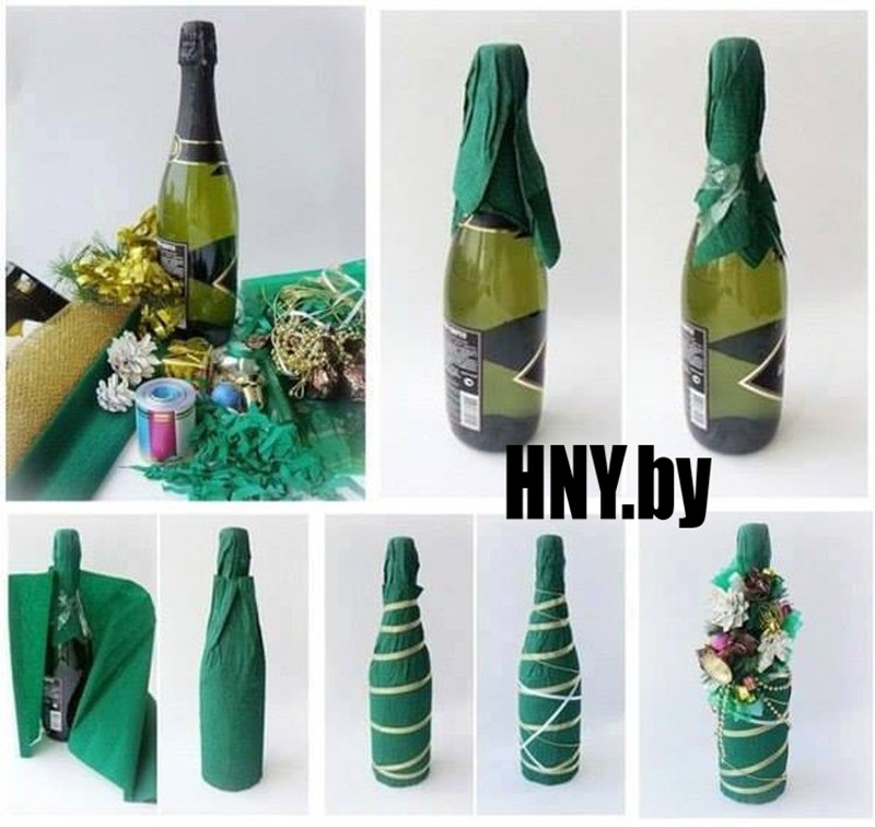 Новогодняя бутылка шампанского, обернутая в упаковочную бумагу