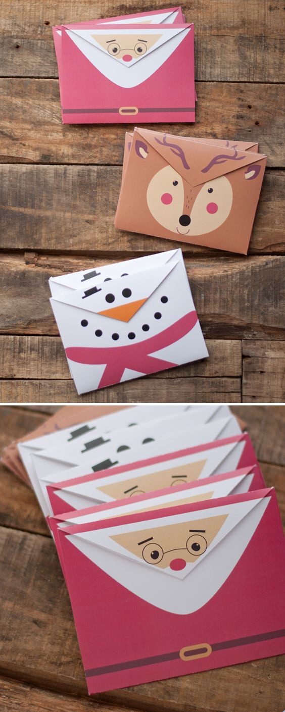 Новогодняя упаковка-конверт: Санта, олени, снеговик