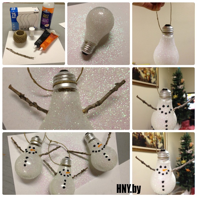 Елочные игрушки из старых лампочек: делаем снеговика своими руками
