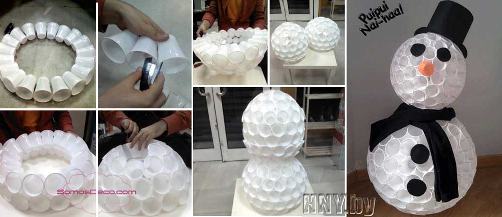 Снеговик из пластиковых стаканчиков, новогодние поделки из подручных материалов